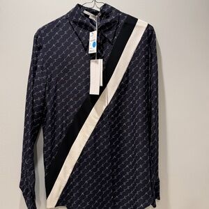Stella McCartney Navy Blue Striped Monogram Print Silk Odette Shirt S